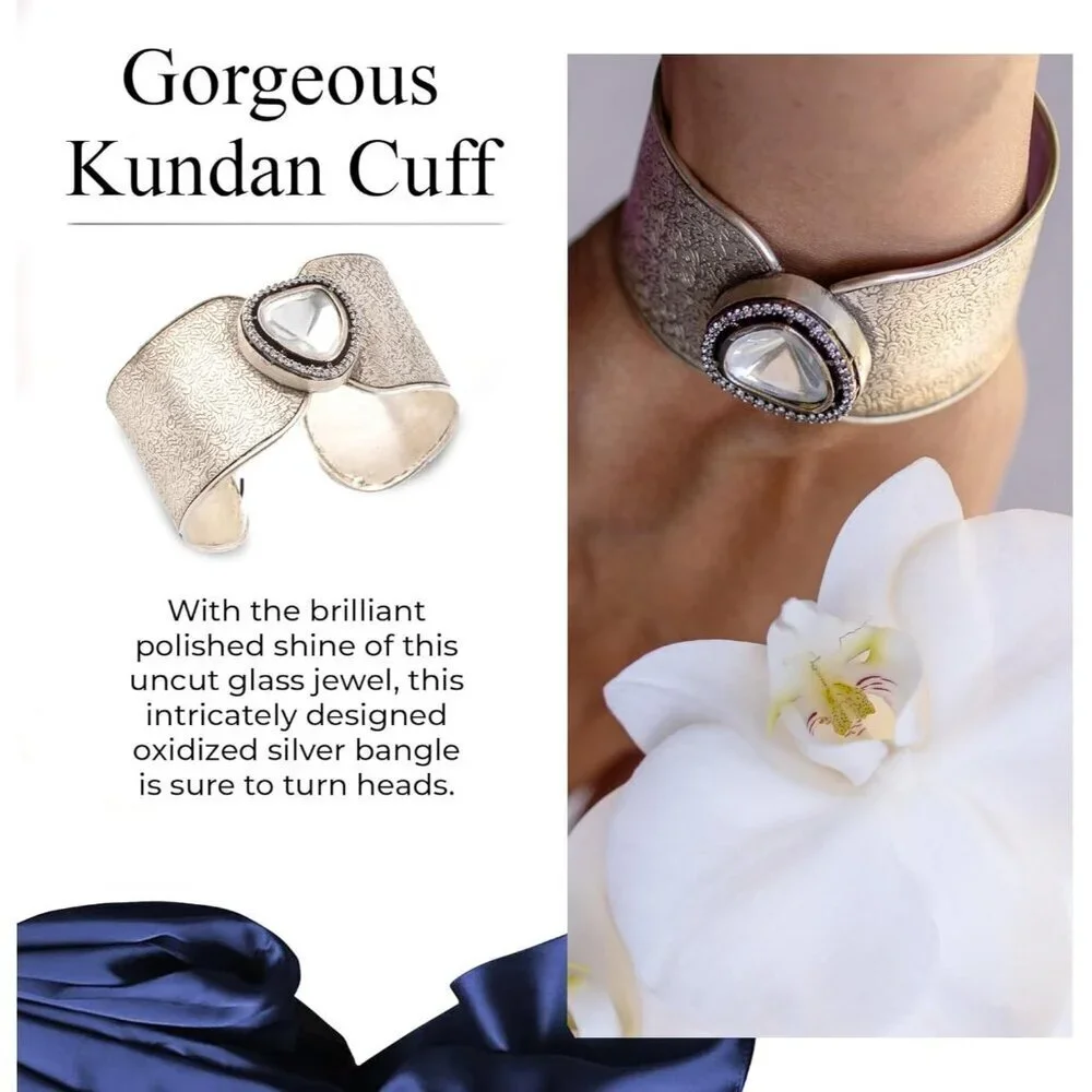 Women's Silver Kundan Crystal Wide Statement Handmade Sterling Cuff Bracelet